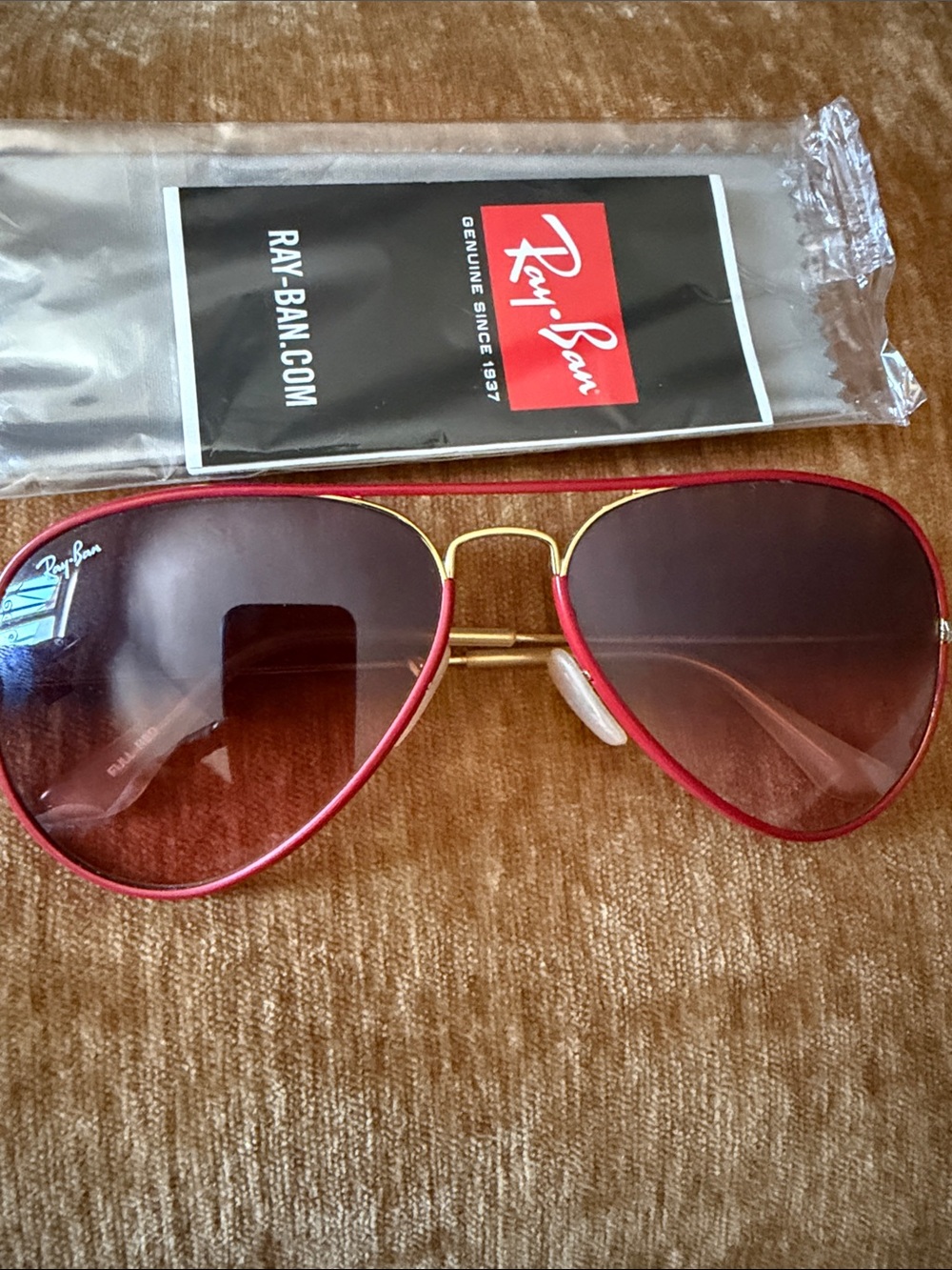 Ray-Ban Red and Gold Aviator Sunglasses with Brown Gradient Lenses